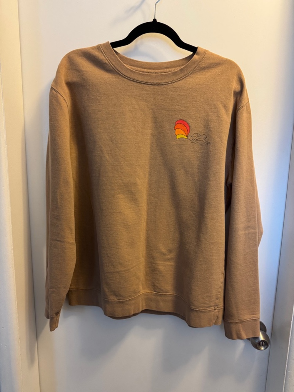 Men's Crewneck Sweatshirt in Tan with Sunset Chest Graphic